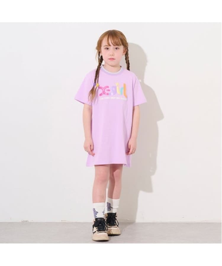 エックスガール ステージス(X-girl STAGES)のラメ発泡ロゴTワンピース ラベンダー(080)