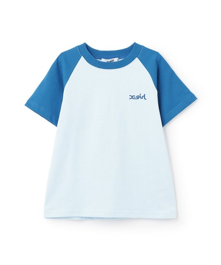 エックスガール ステージス(X-girl STAGES)のバックマルチロゴラグラン半袖Tシャツ ブルー(192)