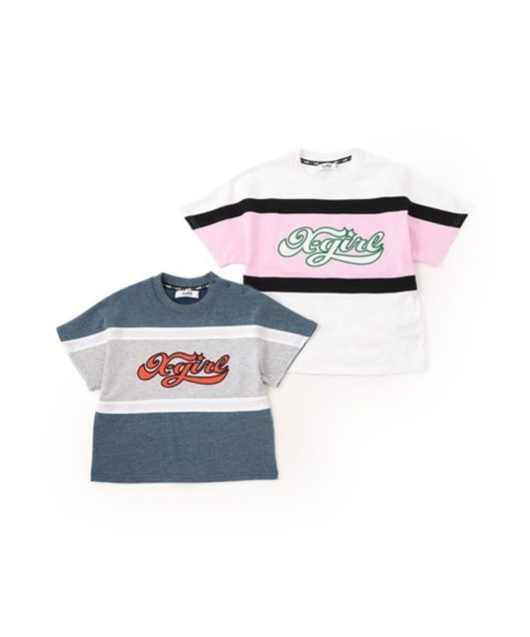 エックスガール ステージス(X-girl STAGES)の配色切替ロゴアップリケ半袖Tシャツ10