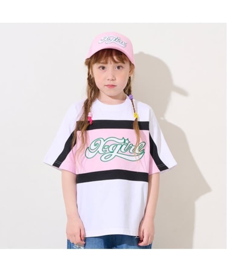 エックスガール ステージス(X-girl STAGES)の配色切替ロゴアップリケ半袖Tシャツ オフホワイト(003)
