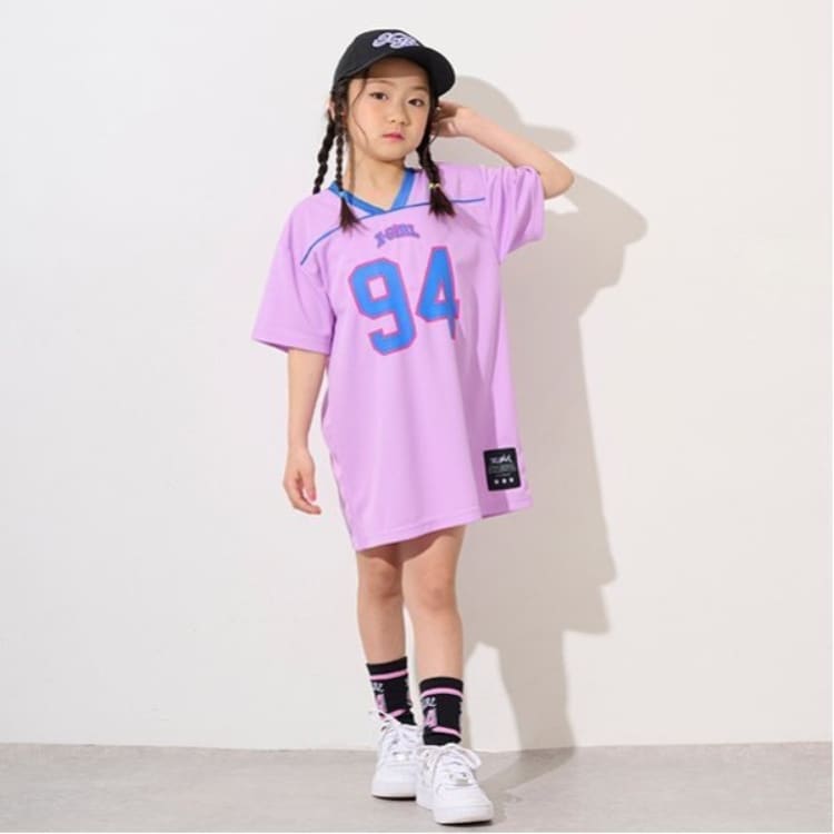エックスガール ステージス(X-girl STAGES)のパイピング切替ナンバリング半袖ワンピース ミドルワンピース