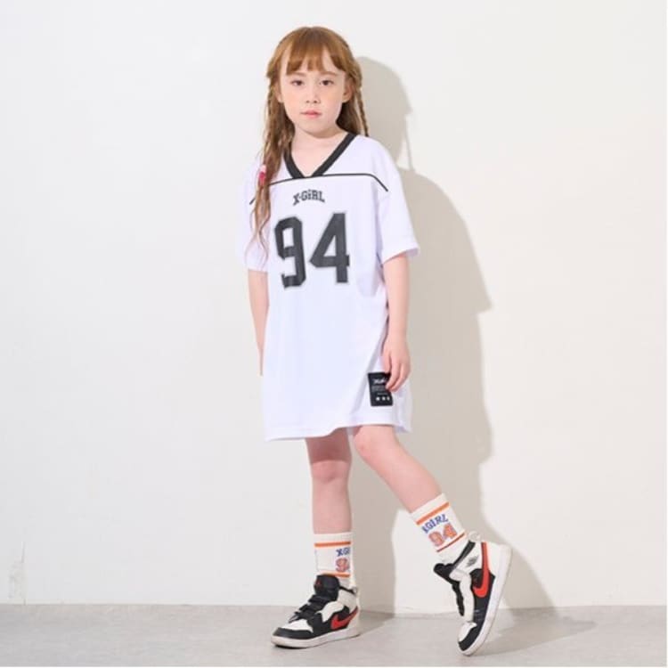 エックスガール ステージス(X-girl STAGES)のパイピング切替ナンバリング半袖ワンピース ミドルワンピース