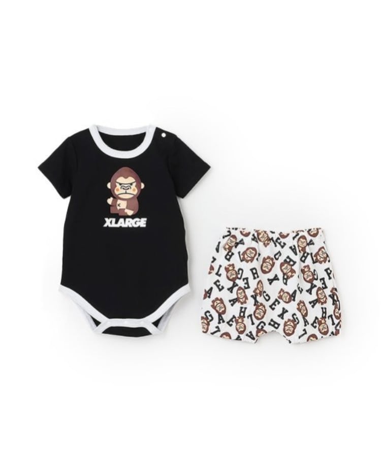 エクストララージ キッズ(XLARGE KIDS)の総柄ファニーゴリラ半袖ベビーセットアップ ブラック(219)