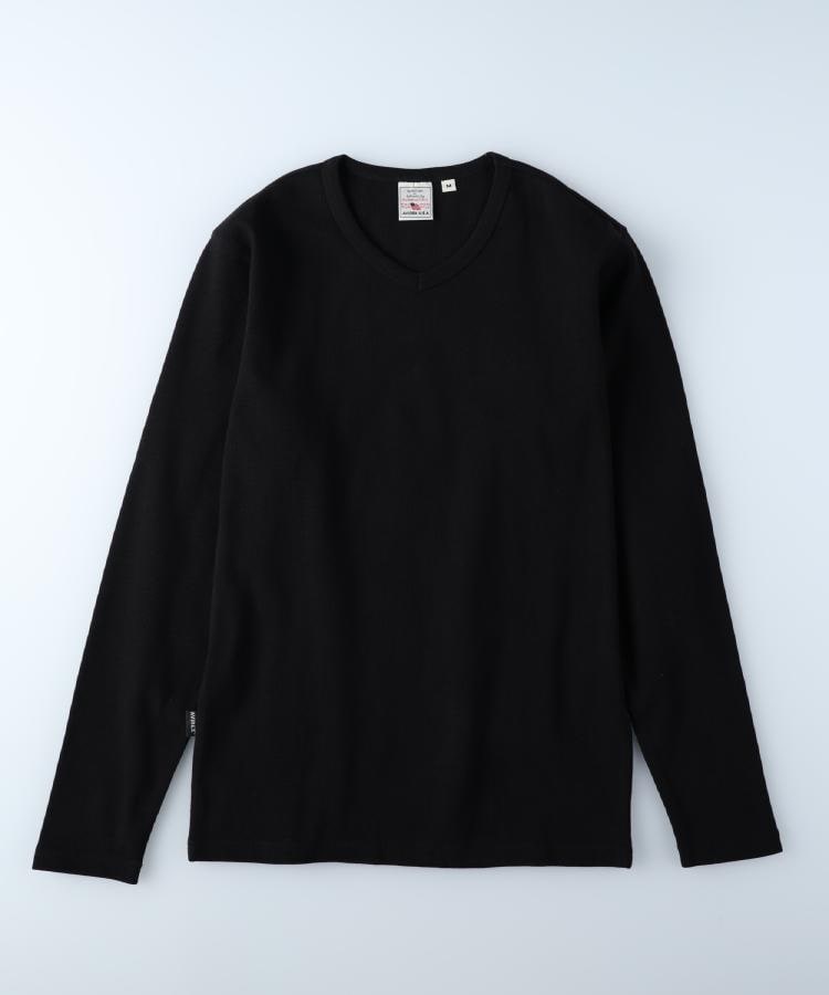 ライトオン(Right-on)のAVIREX(アビレックス)ワッフルＶネック長袖Tシャツ ブラック(0099)