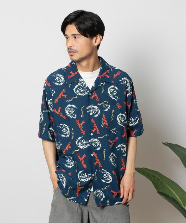ライトオン(Right-on)のOCEAN PACIFIC(オーシャンパシフィック)総柄プリントシャツ ネイビー(0019)