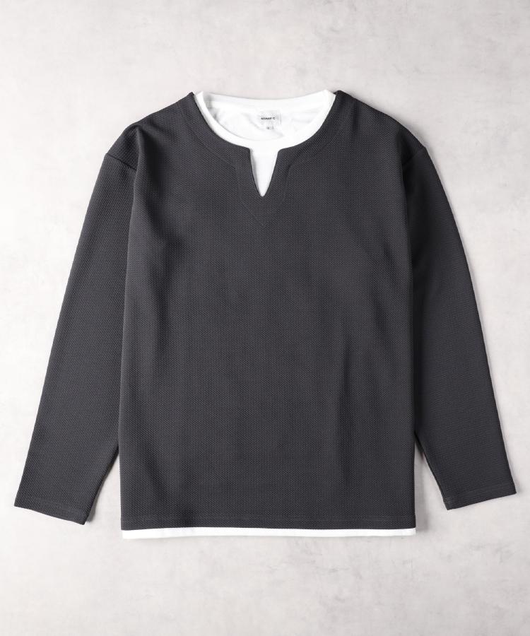 ライトオン(Right-on)のOther(ソノタ)ワッフルジャガードフェイクレイヤード長袖Ｔシャツ ダークグレー(0097)