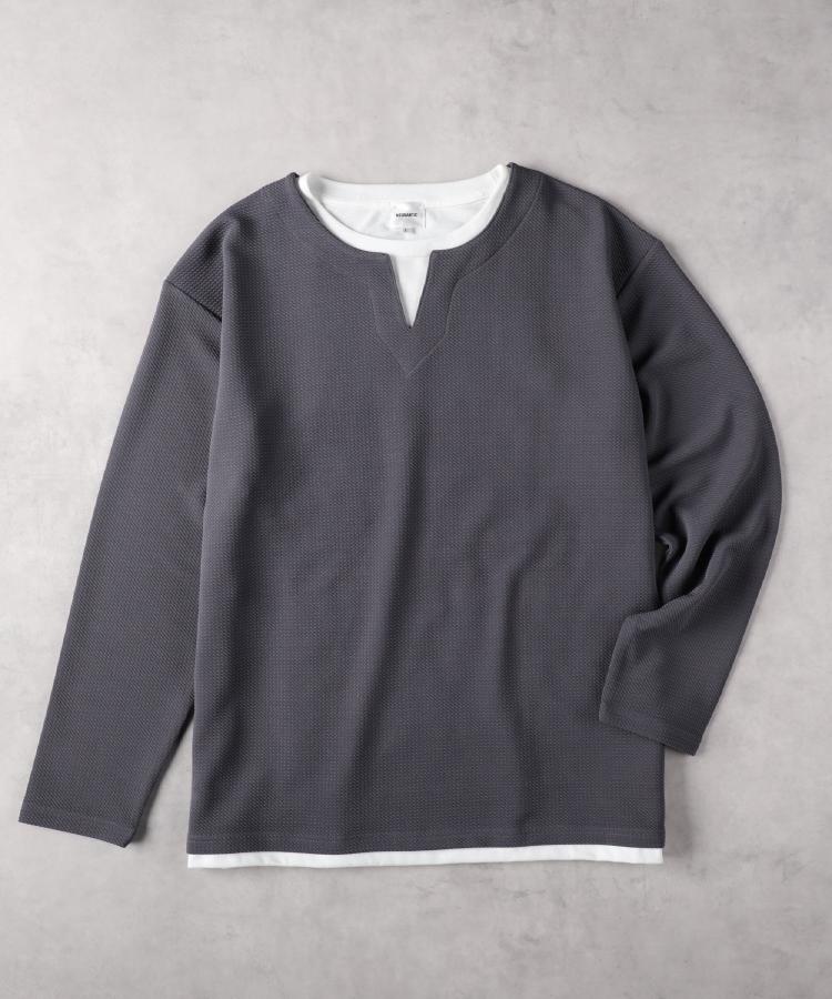 ライトオン(Right-on)のOther(ソノタ)ワッフルジャガードフェイクレイヤード長袖Ｔシャツ ブルー(0015)