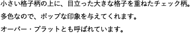 小さい格子柄の上に、目立った大きな格子を重ねたチェック柄。多色なので、ポップな印象を与えてくれます。オーバー・プラットとも呼ばれています。